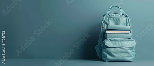 School backpack with books isolated on solid background with copy space. Back to School concept