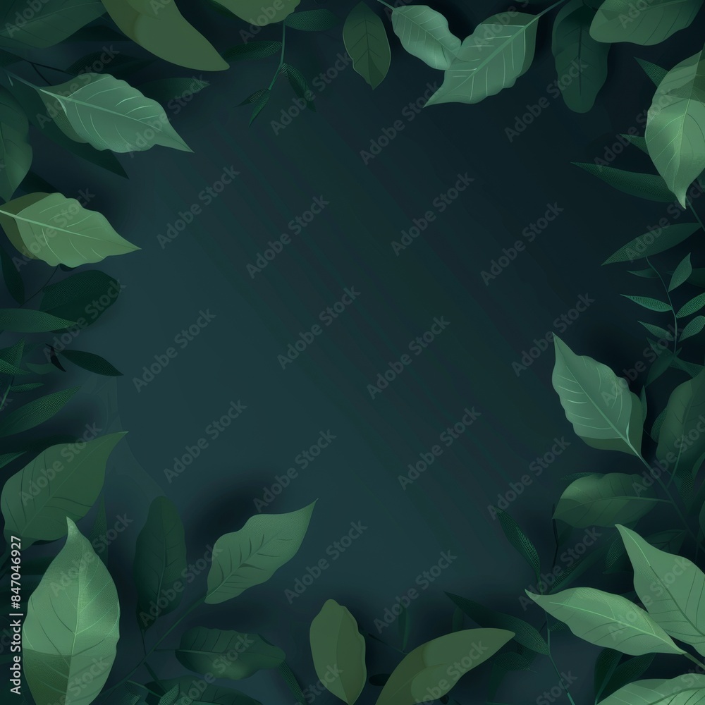 Fototapeta premium Simple dark green background with flat leaf illustrations and no shadows
