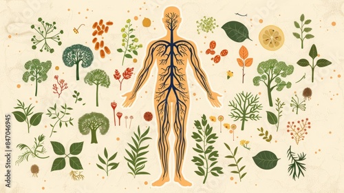 Illustration of a human body with a network of veins and arteries surrounded by various plants and botanical elements.