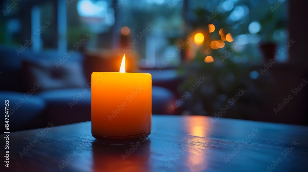 A candle is lit on a table in a dimly lit room A candle is lit on a table in a dimly lit room