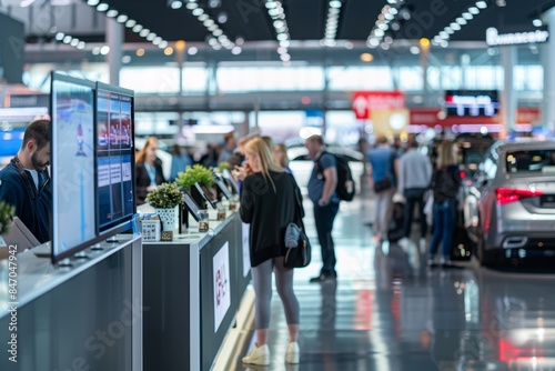 Modern Airport Car Rental Service Counter: Customers Selecting Vehicles on Digital Screens photo