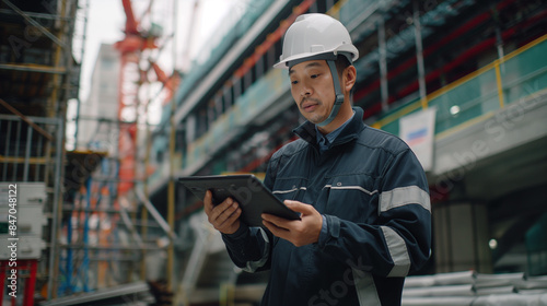 Construction worker hardhat tablet at site © Shelinaakter