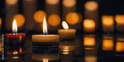 Multiple lit candles set against a dark background provide a warm and serene setting