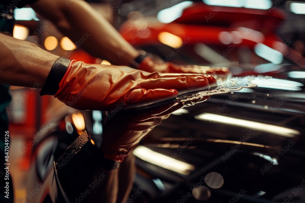Detailer's Hands Applying Car Wax for a High-Gloss Finish - Professional Automotive Maintenance Detailer's Hands Applying Car Wax for a High-Gloss Finish - Professional Automotive Maintenance