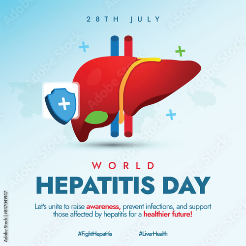 World Hepatitis day. 28th July World Hepatitis day celebration banner with  liver, protection shield vector illustration. The theme for 2024 is Hepatitis Can't Wait. Early diagnosis can protect liver.