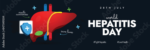 World Hepatitis day. 28th July World Hepatitis day awareness cover banner, post with liver, arrows with text create awareness, save liver. The theme for 2024 is Hepatitis Can't Wait, get tested