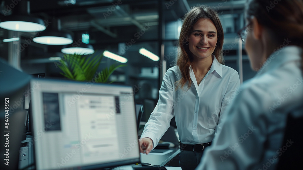 Smiling business woman manager giving advice to specialist sitting at computer. Smiling business woman manager giving advice to specialist sitting at computer.
