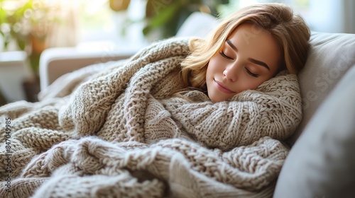 Woman with illness finds solace napping on sofa under a warm, comforting blanket