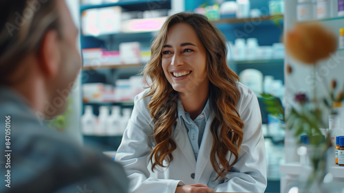Smiling woman pharmacist, professional, master of her craft, gives advice to the client.