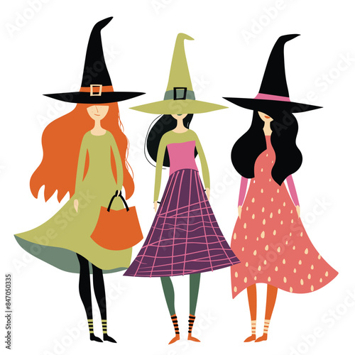 Three stylish witches colorful dresses pointy hats, standing together, trendy Halloween costumes. Modern witch fashion, flat design, cartoon witches, vibrant dresses, striped socks, high heels