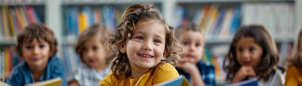 Smiling children reading books in a library, enjoying their time and learning together in a friendly and engaging environment. Smiling children reading books in a library, enjoying their time and learning together in a friendly and engaging environment.