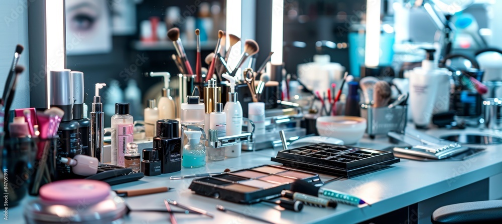 Professional Cosmetology Workstation with Essential Beauty Tools and Organized Makeup Supplies for Salons Professional Cosmetology Workstation with Essential Beauty Tools and Organized Makeup Supplies for Salons