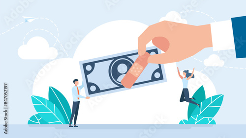 Torn banknote covered with patches and plaster. Restoring savings. Money management, financial literacy. Economic repair. Dollar patched with an adhesive tape, financial crisis. Vector illustration