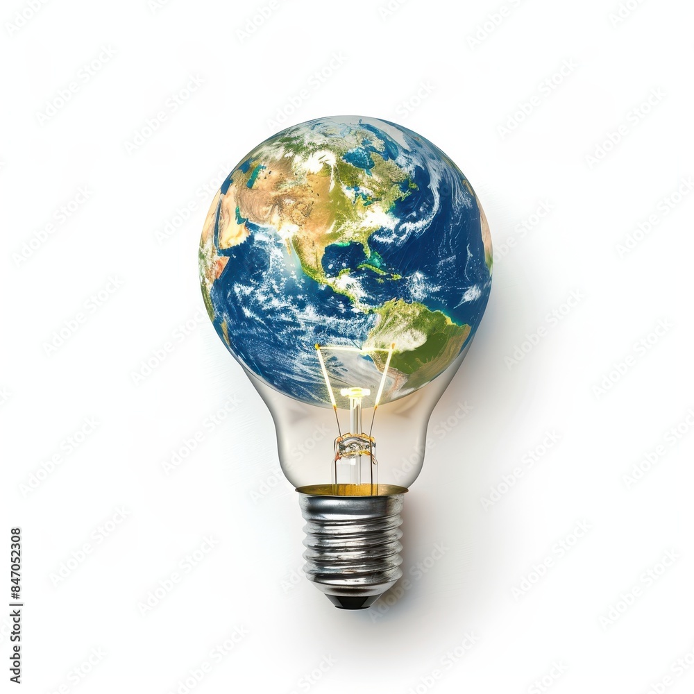 Creative concept of a light bulb with the Earth inside, symbolizing global sustainability and innovative energy solutions. Creative concept of a light bulb with the Earth inside, symbolizing global sustainability and innovative energy solutions.