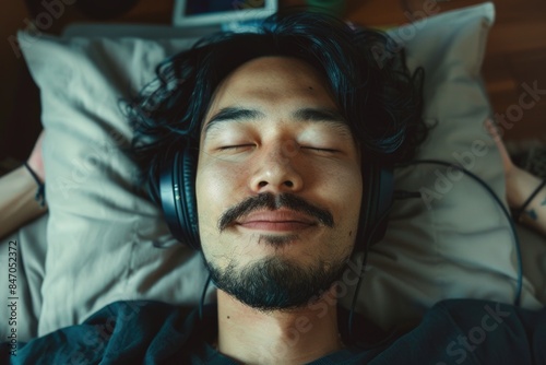 A person relaxing in bed while wearing headphones, suitable for use in scenarios where sound is important such as gaming or watching videos