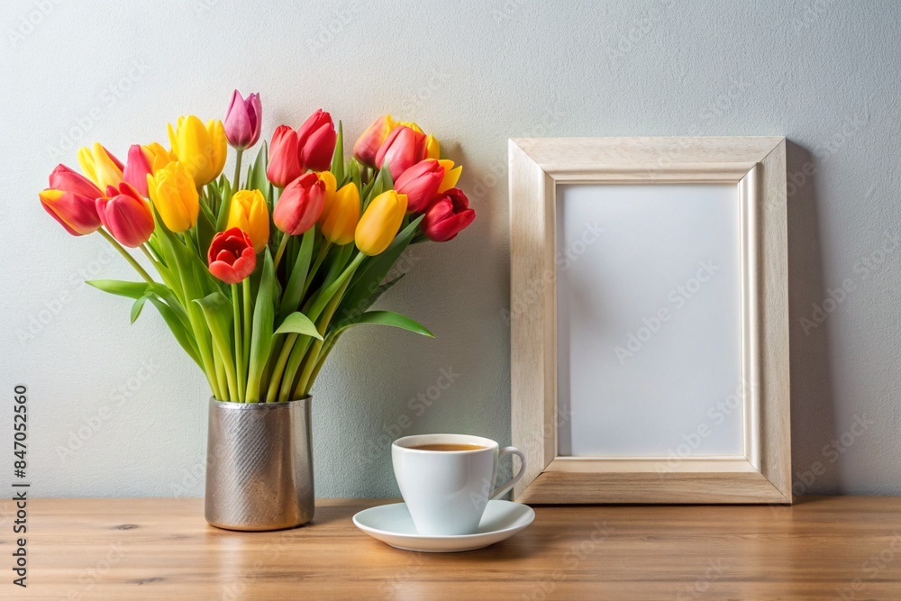 Interior home décor with photo frame mockup beside vibrant tulip vase and and hot coffee mug Interior home décor with photo frame mockup beside vibrant tulip vase and and hot coffee mug