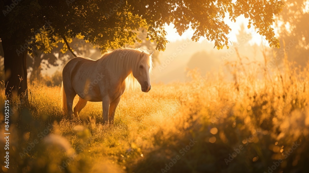 Fototapeta premium A white horse stands near a tree in an open field, ready for action