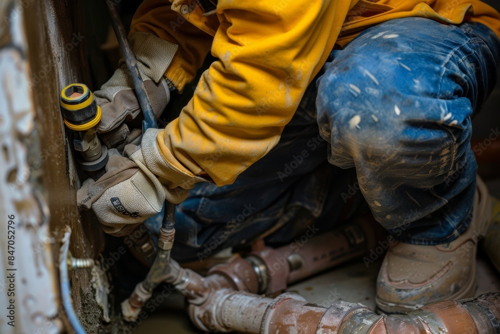 Fototapeta premium Professional Plumber Fixing Damaged Pipe in Basement Using Specialized Tools and Safety Gear