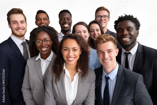 Interracial group of smiling businesswomen and businessmen at work on white background. Women in suits at work. Men bosses. Political woman. Business world. Job recruitment. 