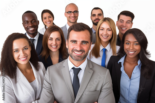 Interracial group of smiling businesswomen and businessmen at work on white background. Women in suits at work. Men bosses. Political woman. Business world. Job recruitment. 