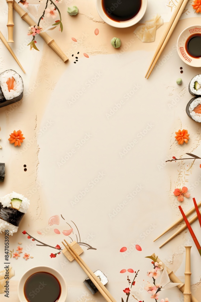 Elegant and refined setting for a sushi menu, featuring chopsticks, sushi, and floral touches Elegant and refined setting for a sushi menu, featuring chopsticks, sushi, and floral touches