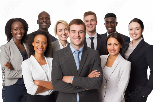 Interracial group of smiling businesswomen and  businessmen at work on white background. Women in suits at work. Men bosses. Political woman. Business world. Job recruitment. 