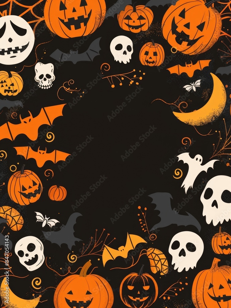 Pumpkins and bats on a dark background, perfect for Halloween designs or spooky atmosphere