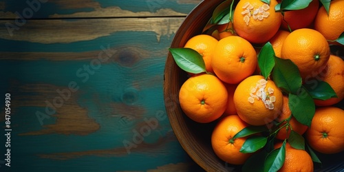 A wooden bowl filled with oranges on top of a table, suitable for kitchen or dining decoration