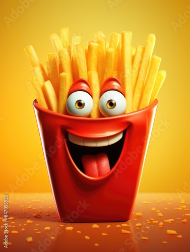A red bucket filled with French fries and featuring googly eyes for a playful twist