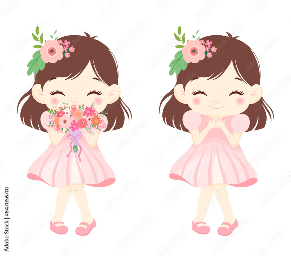 Smiling girl cartoon vector illustration set. has a pink flower bouquet. pink dress. Smiling girl cartoon vector illustration set. has a pink flower bouquet. pink dress.