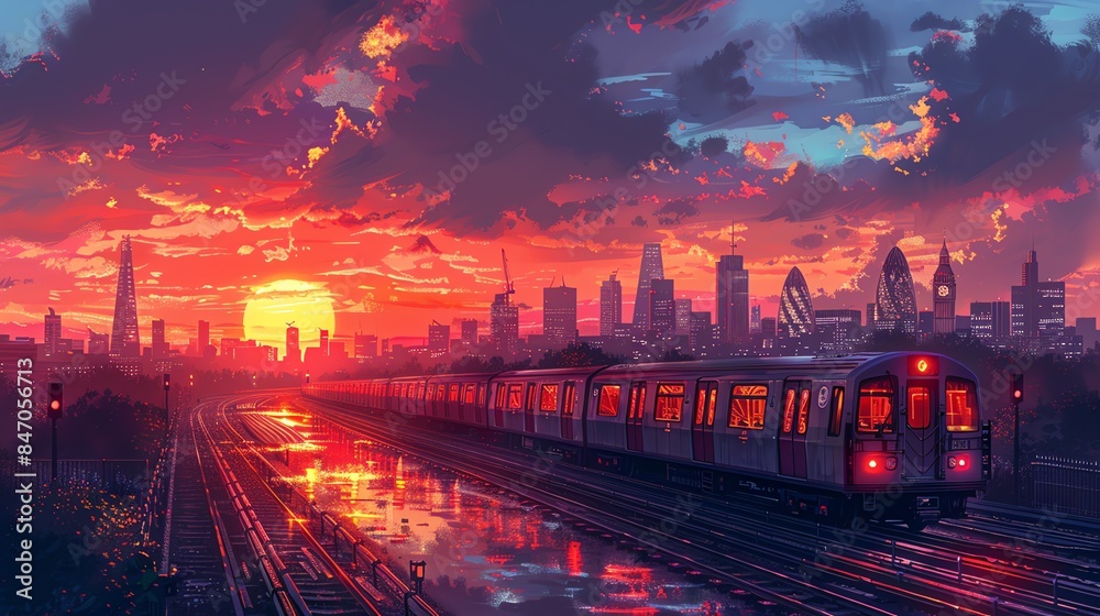 Obraz premium Vibrant Sunset Over Modern Cityscape with Glowing Train Tracks Illuminating Night