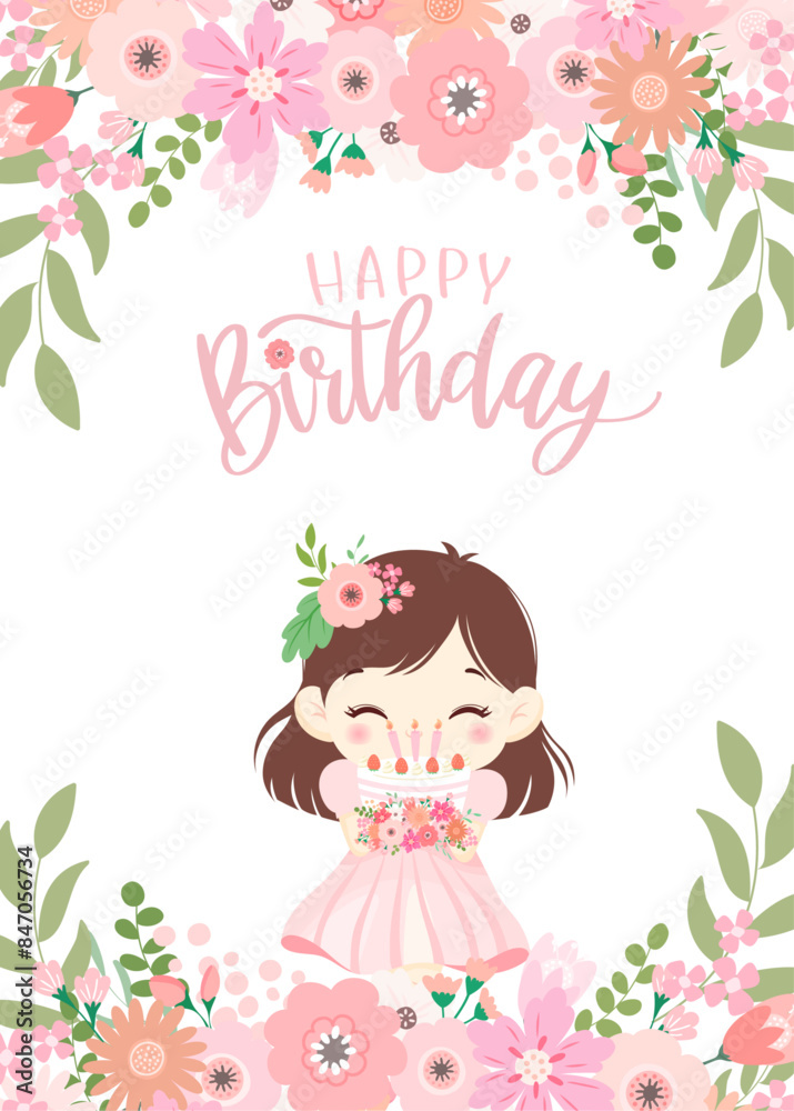 Birthday card design of girl, flowers frame and calligraphy.Pink and coral color. Vector illustration. Smiling girl has a strawberry shortcake. Birthday card design of girl, flowers frame and calligraphy.Pink and coral color. Vector illustration. Smiling girl has a strawberry shortcake.