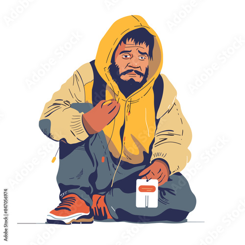 Man squatting down, looking tired distressed, holding onto yellow hoodie strings. Middleaged bearded male cartoon, dressed yellow jacket, blue pants, red shoes while posing small red white object