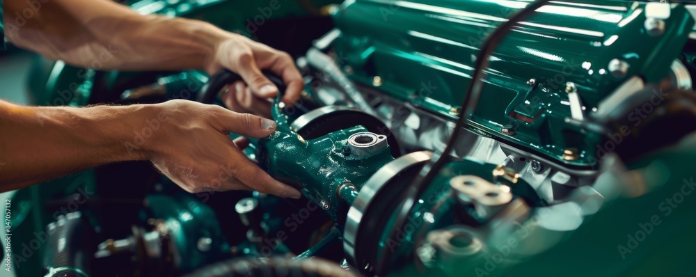 Car mechanic is working on broken engine in luxury car, car service banner. Generative Ai. Car mechanic is working on broken engine in luxury car, car service banner. Generative Ai.