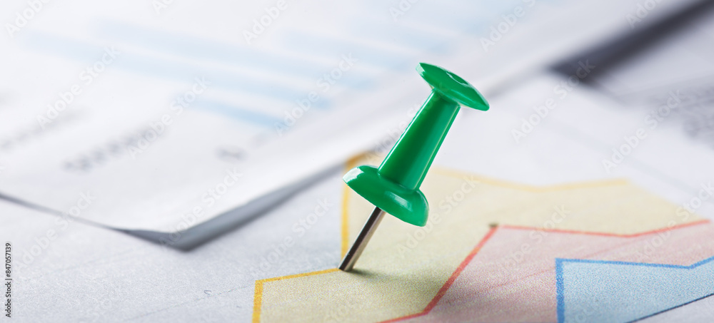 Marking financial chart by pins.Share listing and checking financial chart. Concept of banking, financial report and financial audit. Marking financial chart by pins.Share listing and checking financial chart. Concept of banking, financial report and financial audit.