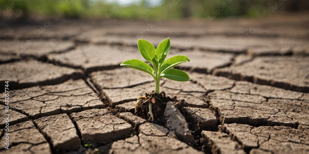 A young green plant sprouts from cracked, dry earth, signifying hope and renewal A young green plant sprouts from cracked, dry earth, signifying hope and renewal