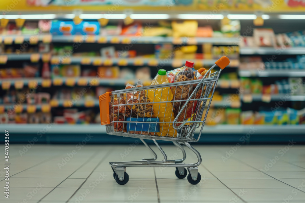 Shopping cart filled with drinks in a grocery store aisle Shopping cart filled with drinks in a grocery store aisle