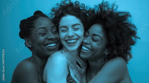 A group of women embracing each other, standing in front of a blue background