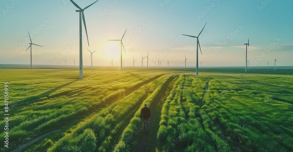 A Man Walks Through a Field of Wind Turbines A Man Walks Through a Field of Wind Turbines