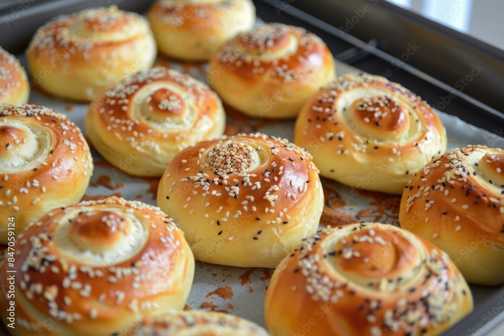 Freshly baked buns cooling on a baking sheet, ready to be enjoyed Freshly baked buns cooling on a baking sheet, ready to be enjoyed