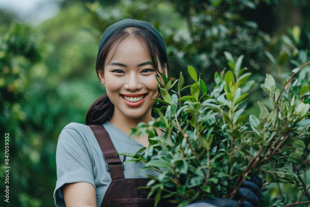 A woman holding a plant in her hands, suitable for use in gardening or nature-themed contexts