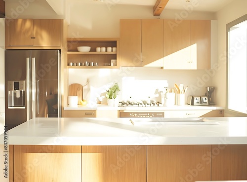 Modern kitchen with light wood cabinets, countertop and island © Maheen