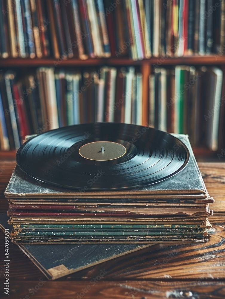 Fototapeta premium Stack of vinyl records sitting on a wooden table, perfect for music-themed photoshoots or decorative purposes