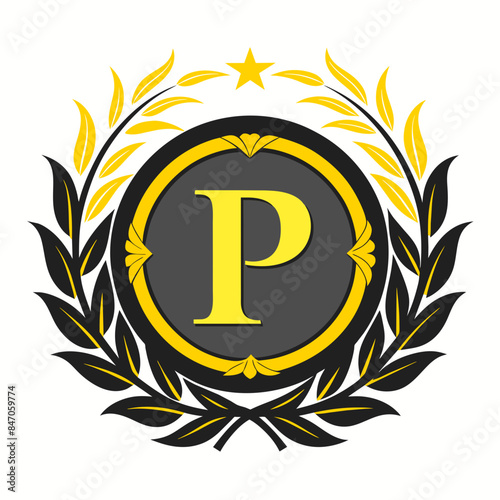 Baroque Style Gold 'P' Logo Ornament in Laurel Wreath Frame on White Background | Elegant Design