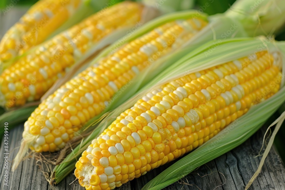 Freshly harvested corn cobs are laying on a rustic wooden surface Freshly harvested corn cobs are laying on a rustic wooden surface