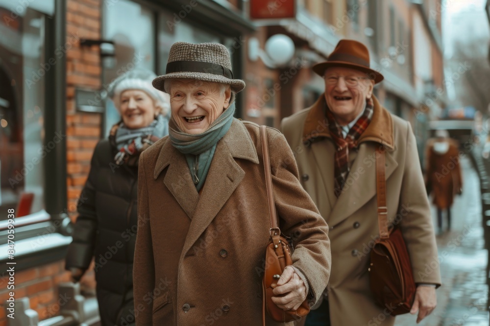 Portrait of happy senior couple walking in city street. They are smiling and looking at camera. Portrait of happy senior couple walking in city street. They are smiling and looking at camera.