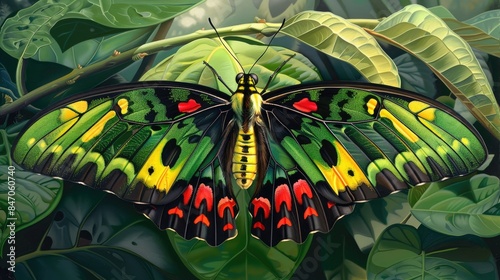 A detailed view of the Rajah Brooke s Birdwing butterfly photo