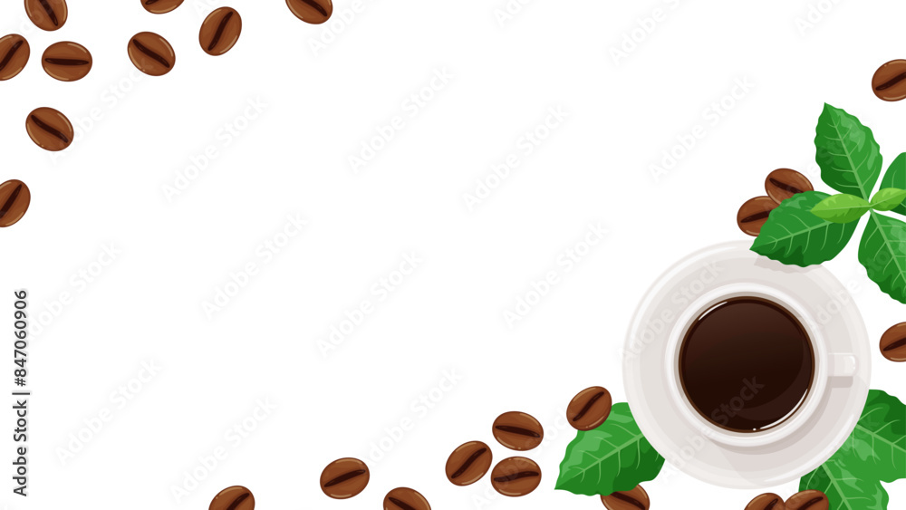 Obraz premium 真上から見たコーヒーと葉っぱとコーヒー豆のフレーム_16:9