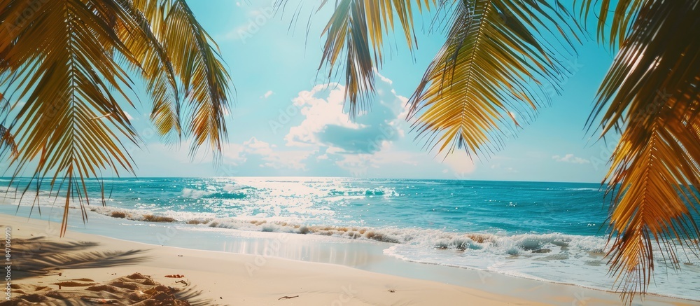 Fototapeta premium Tropical paradise: Golden beach with palm leaves under the sun, sandy shores, and clear blue skies - a perfect summer getaway.