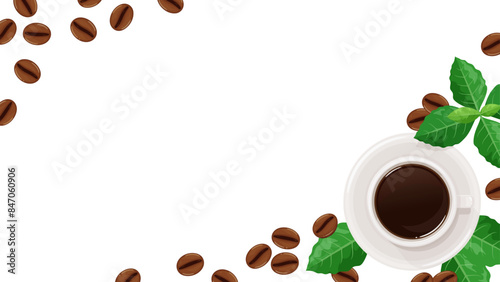 真上から見たコーヒーと葉っぱとコーヒー豆のフレーム_16:9